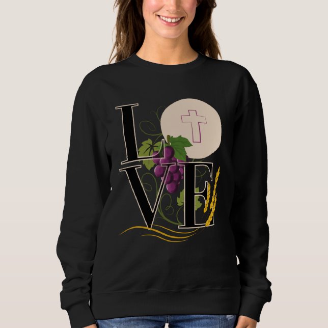 Eucharist LOVE Typography Host Wheat Grapes T Shirt (Framsida)