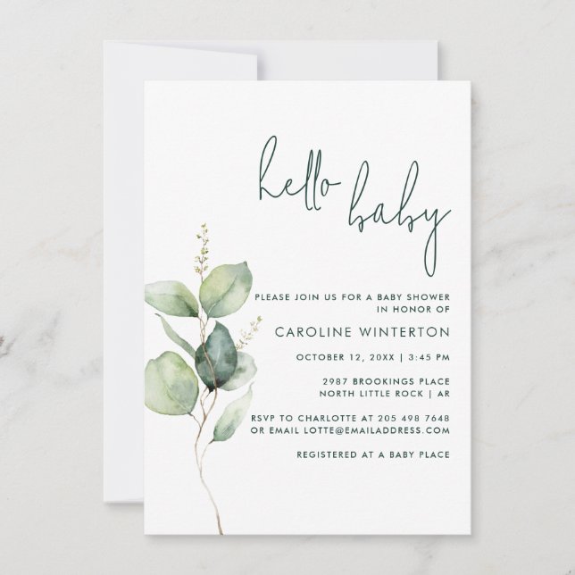 Euclyptus Botanical Kön Neutral Baby Shower Inbjudningar (Framsida)