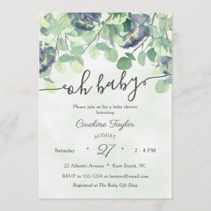 Eucualyptus Greenery Navy Blue Blommigt Baby Showe Inbjudningar