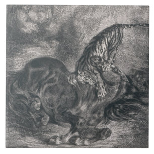 Eugene Delacroix - Vild Horse Felling by a Tiger Kakelplatta