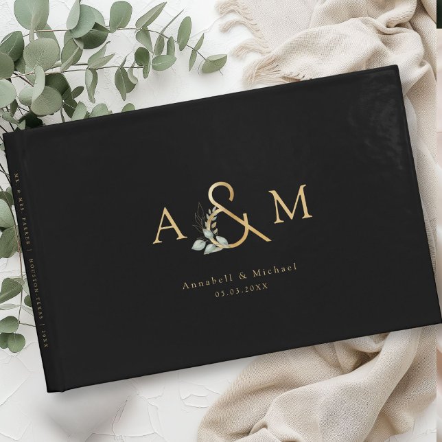 Eukalyptus, Ampersand, Black-Guld, Bröllop Gästböcker (Eucalyptus, Ampersand, Black-Gold, Wedding Guest Book with your namea and date.)