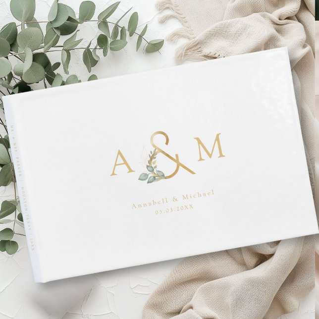 Eukalyptus, Ampersand, Guld, Bröllop Gästböcker (Eucalyptus, Ampersand, White-Gold, Wedding Guest Book with your namea and date.)