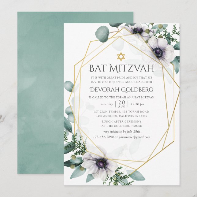 Eukalyptus Anemon Geometrisk Bat Mitzvah Inbjudningar (Fram/baksida)