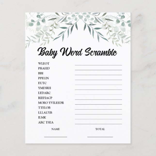 Eukalyptus Baby Ordspridning Baby Shower Spel (Framsida)