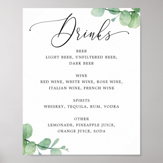 Eukalyptus Bar Meny Skylt | Eleganta Bröllopsdryck (Framsidan)