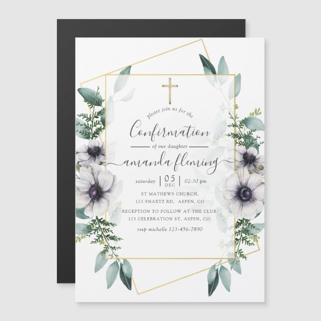 Eukalyptus Blommig Geometrisk Konfirmation Magnetisk Inbjudningskort (Fram/baksida)