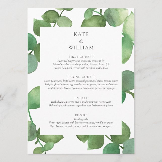 Eukalyptus Boho Greenery Blommig Bröllopsmeny Meny (Framsida)