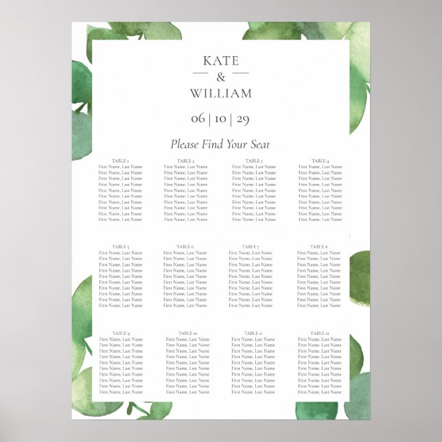 Eukalyptus Boho Greenery Bröllopsplatskarta Poster (Framsidan)