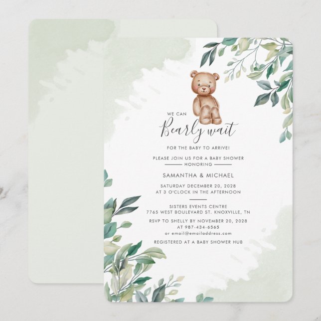 Eukalyptus Botanisk Björn Par Babyshower Inbjudningar (Fram/baksida)