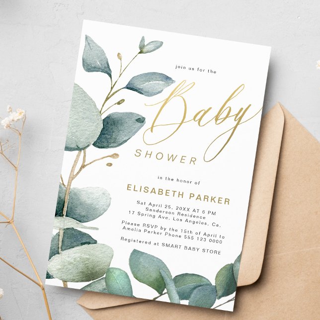 Eukalyptus botanisk grönska löv baby shower inbjudningar (Skapare uppladdad)
