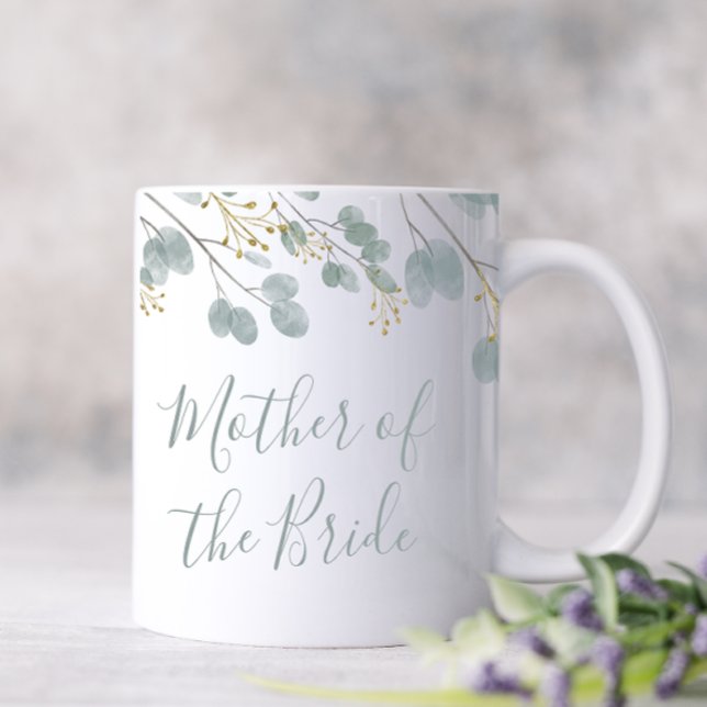 Eukalyptus Brudens Mor Kaffemugg (Mother of the Bride Coffee Mug decorated with eucalyptus and just a touch of gold. )