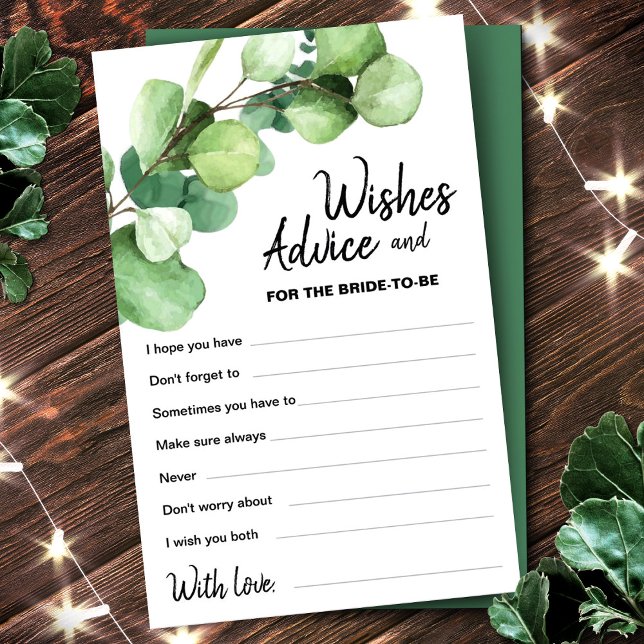 Eukalyptus Brudkort med Önskningar och Råd (Eucalyptus Bride To Be Wishes & Advice Card, Advice For The Bride)