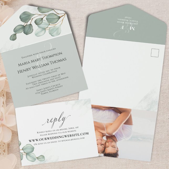 Eukalyptus Elegant Akvarell Minimalistisk Foto (Elegant eucalyptus all-in-one wedding invitation with RSVP and envelope design.)