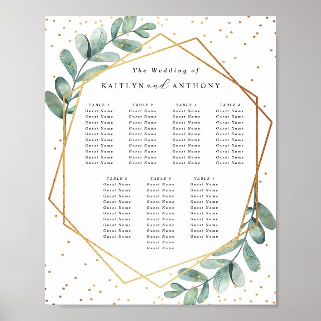 Eukalyptus Geometrisk Guld Folie Bröllopsplatskart Poster (Framsidan)