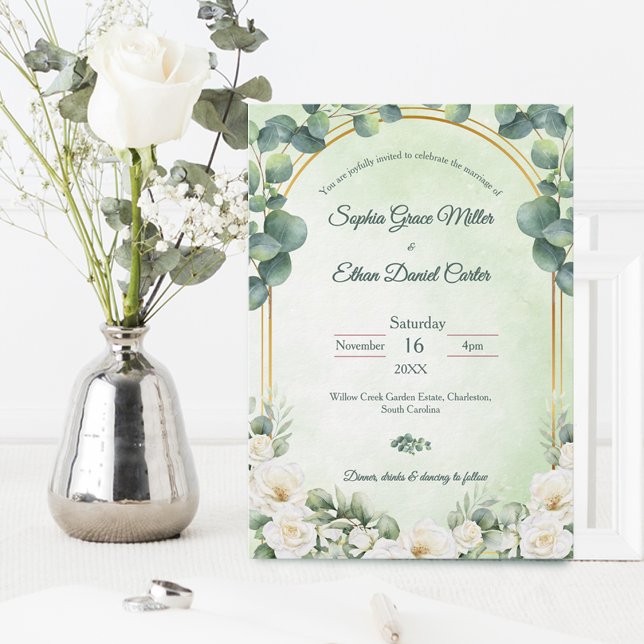 Eukalyptus Grön Botanisk Bröllopsinbjudan Inbjudningar (Eucalyptus Green Botanical Sage Floral wedding Invitation)
