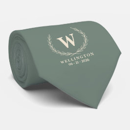 Eukalyptus Grön Elfenbens Lagerbärsmonogram Bröllo Slips