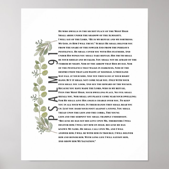 Eukalyptus Grönska Bibel Konst Psalm 91 Skrift Poster (Framsidan)