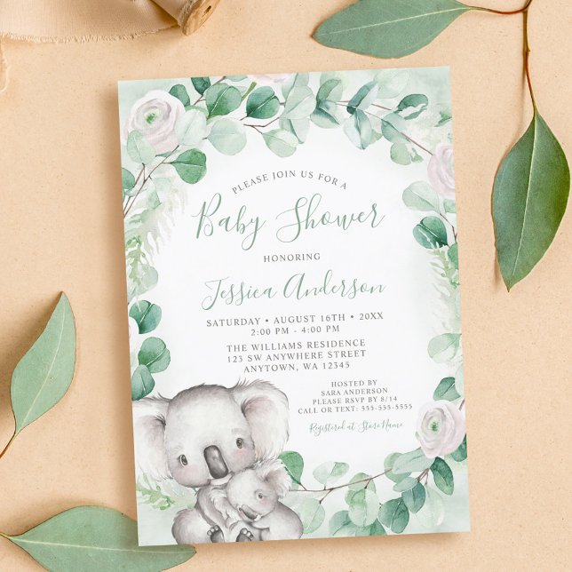 Eukalyptus Grönska Blommig Koala Bebis Shower Inbjudningar (Skapare uppladdad)