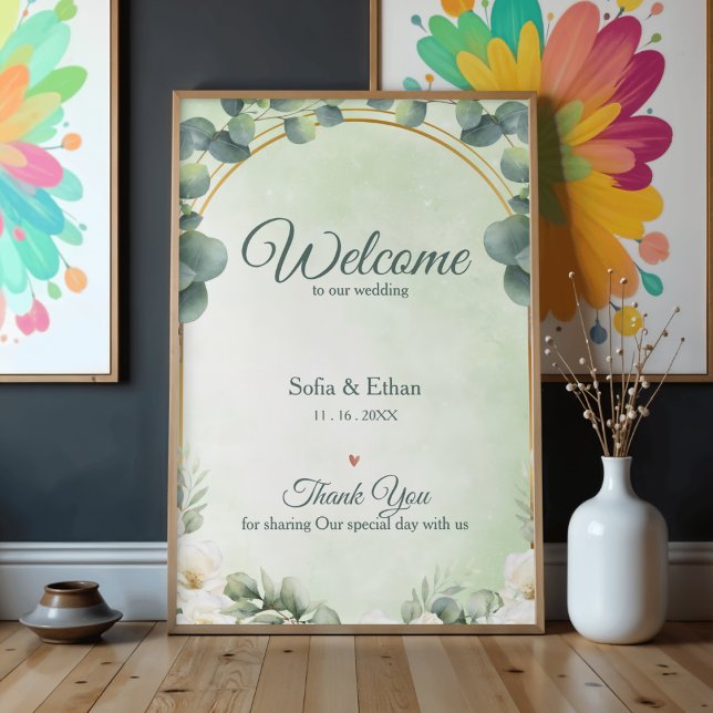 Eukalyptus Grönska Blommig Välkommen till Vårt Brö Poster (Eucalyptus Greenery Floral Welcome to Our Wedding Poster)