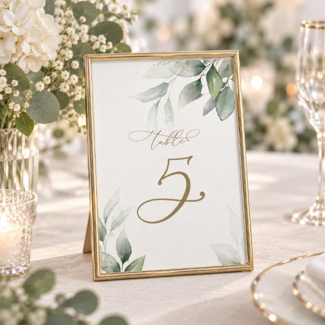Eukalyptus Grönska Bord 5 Bröllops Bordnummer Inbjudningar (Eucalyptus Greenery Table Number card displayed in a gold frame with florals)