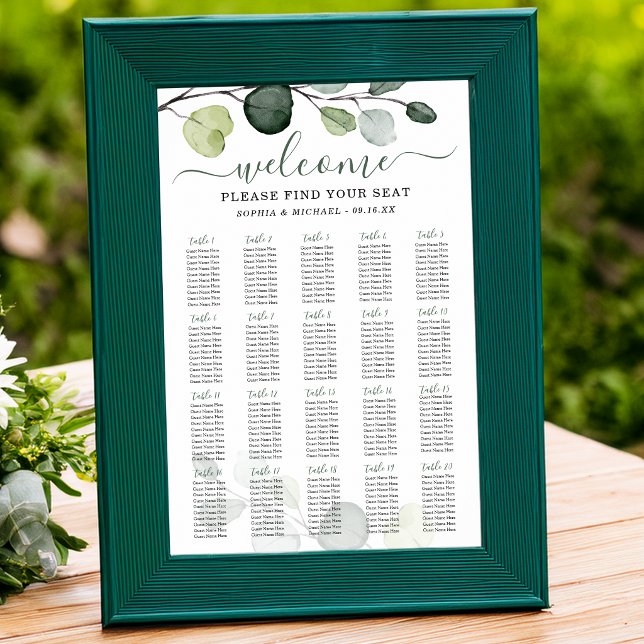 Eukalyptus Grönska Bröllop Placeringsplan Poster (Eucalyptus Greenery Wedding Seating Chart)