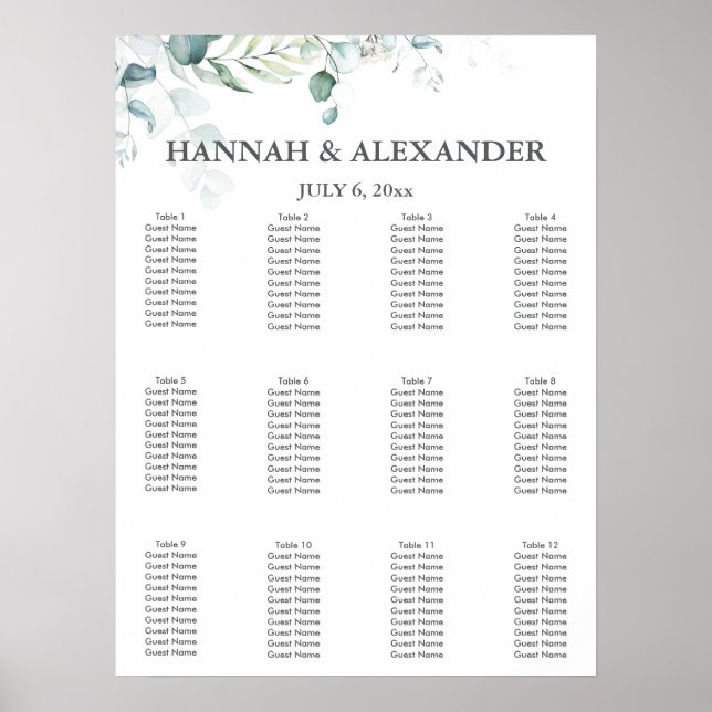 Eukalyptus Grönska Bröllops Sittplatskarta Poster (Framsidan)