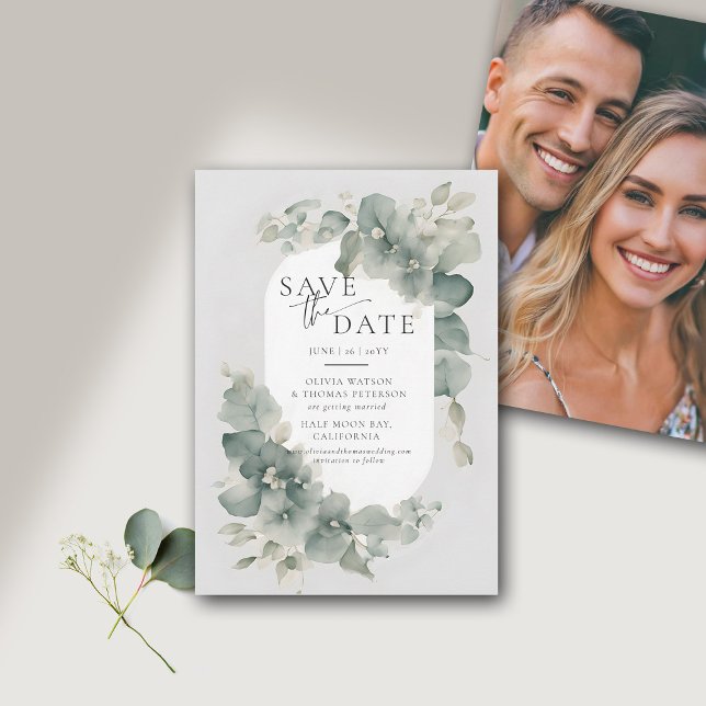 Eukalyptus Grönska Drömskt Elegant Foto Bröllop Spara Datumet (eucalyptus wedding save the date photo watercolor dreamy modern elegant classic)