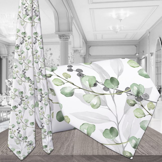 Eukalyptus Grönska Elegant Watercolor Bröllop Slips (Skapare uppladdad)