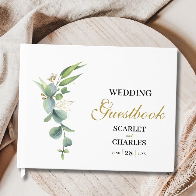 Eukalyptus Grönska Geometrisk Blommig Bröllop Gästböcker (Eucalyptus greenery guest book captures heartfelt memories with modern botanical elegance.)