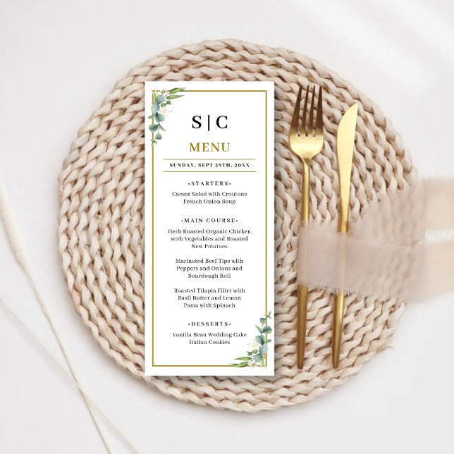 Eukalyptus Grönska Geometrisk Blommig Bröllop Meny (Eucalyptus greenery geometric wedding menu adds modern elegance to your reception dining.)