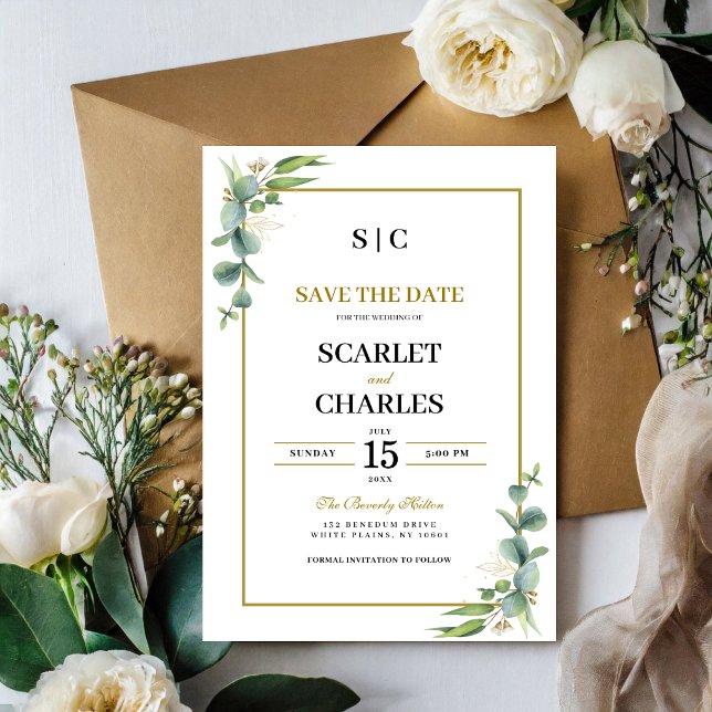 Eukalyptus Grönska Geometrisk Blommig Bröllop Spara Datumet (Eucalyptus greenery geometric Save the Date announces your special day with modern style.)