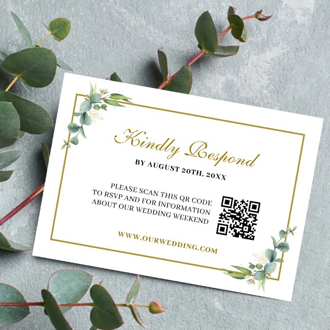 Eukalyptus Grönska Geometrisk Bröllops QR-kod OSA Kort (Eucalyptus greenery QR Code RSVP card makes guest replies easy with modern elegance.)