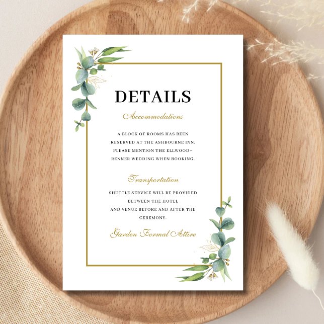 Eukalyptus Grönska Geometrisk Bröllopsinformation Tilläggskort (Eucalyptus greenery enclosure card keeps wedding details clear with modern elegance.)