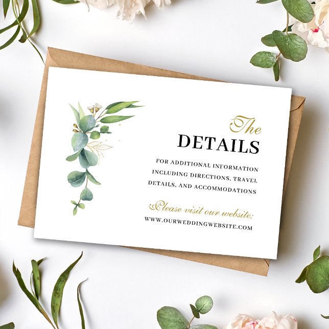 Eukalyptus Grönska Geometrisk Bröllopsinformation Tilläggskort (Eucalyptus greenery enclosure card shares wedding details with modern botanical elegance.)