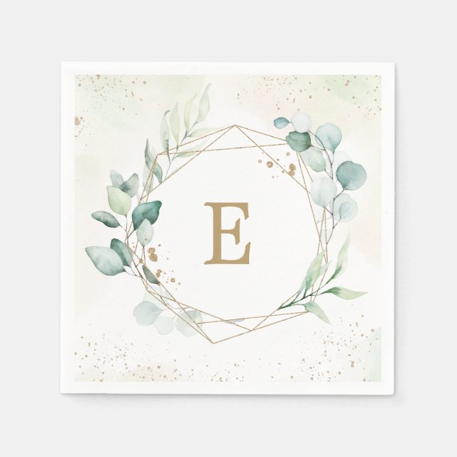 Eukalyptus Grönska Geometriskt Monogram Bröllop Pappersservett (Framsidan)