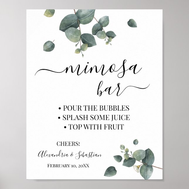 Eukalyptus Grönska Mimosa Bar Bröllopsdusch Skylt (Framsidan)