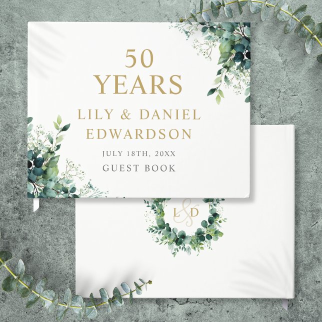 Eukalyptus Grönska Monogram 50-årsjubileum Gästböcker (Eucalyptus Greenery Monogram 50th Anniversary Guest Book)