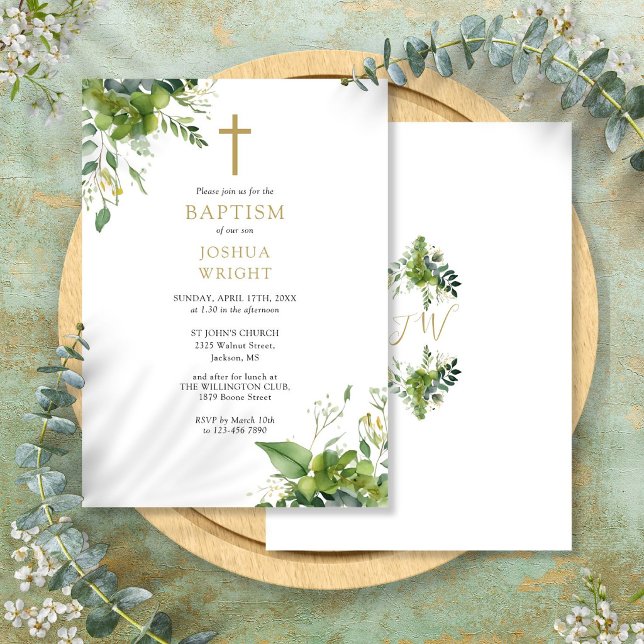 Eukalyptus Grönska Monogram Dop Dopceremoni Inbjudningar (Eucalyptus Greenery Monogram Baptism Christening Invitation)