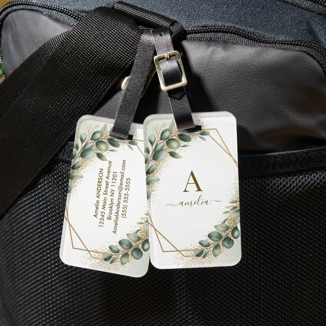 Eukalyptus Grönska Monogram Guld Geometrisk Ram  Bagagebricka (Skapare uppladdad)