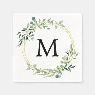 Eukalyptus Grönska Monogram Guld Grön Bröllop Pappersservett