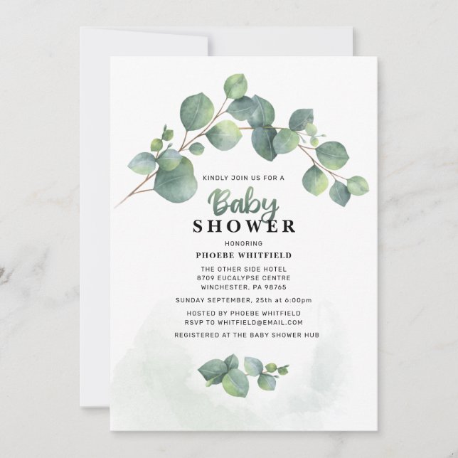 Eukalyptus Grönska Rosafärgad Bebis Shower Inbjudningar (Framsida)