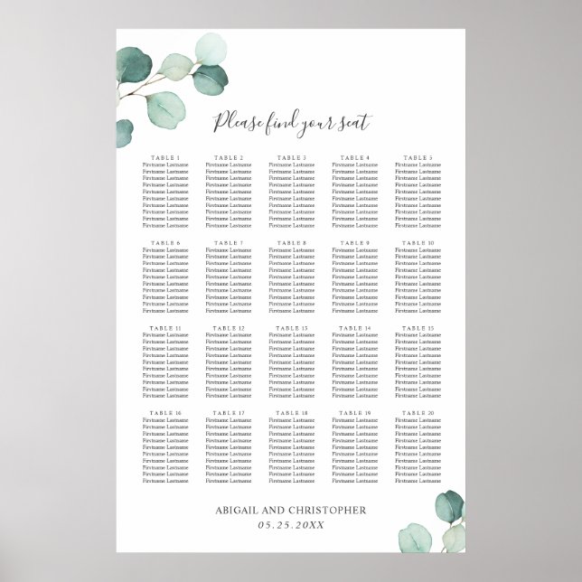 Eukalyptus Grönska Rustik Bordskarta för Bröllop Poster (Framsidan)
