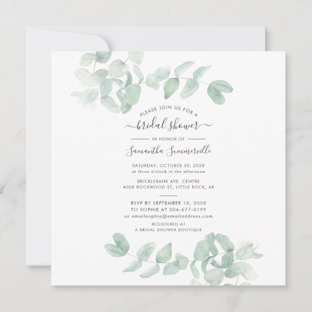 Eukalyptus Grönska Script Botanisk Bröllopsdusch Inbjudningar (Framsida)