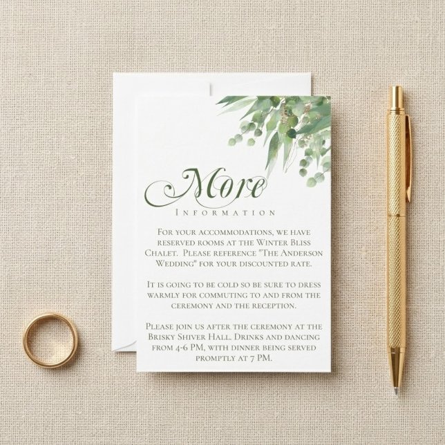 Eukalyptus Grönska Skript Eleganta Bröllopsdetalje Tilläggskort (Eucalyptus Greenery Script Elegant Wedding Details Enclosure Card)