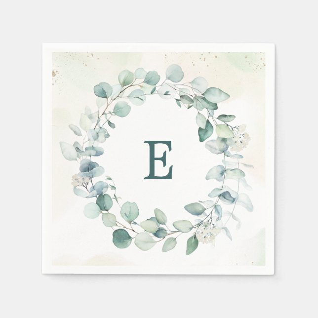 Eukalyptus Grönskande Krans Monogram Bröllop Pappersservett (Framsidan)