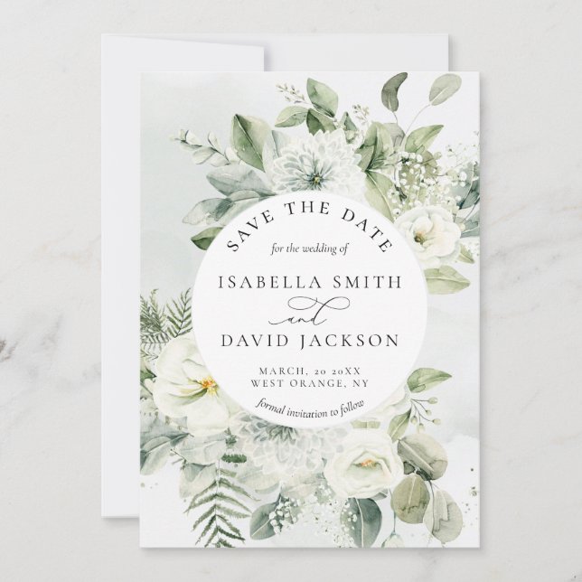 Eukalyptus Grönt Lövverk Salvia Grön Vit Blommig Spara Datumet (Framsida)