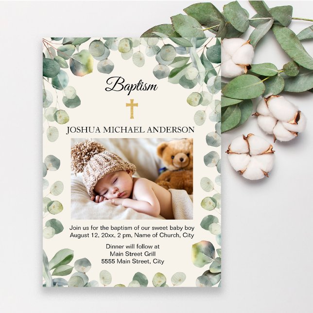 Eukalyptus Guld Kors Religiös Dop Fotografi Inbjudningar (Elegant green eucalyptus leaves religious baby christening/baptism invitation. Add your photo)