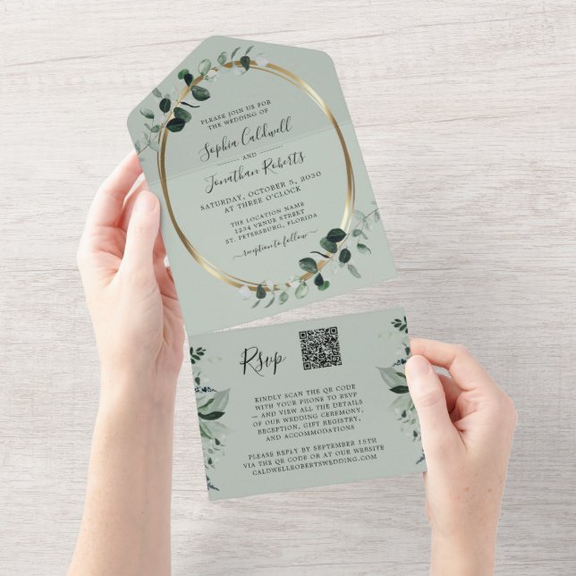 Eukalyptus Guld QR-kod RSVP Salvia Bröllop (Avrivbar del)