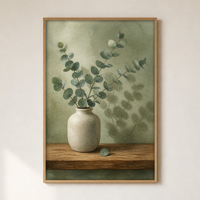 Eukalyptus i en stengodsvas vattenfärgposter poster (Shown framed for scale. Poster ships unframed; frames are an optional add-on.)