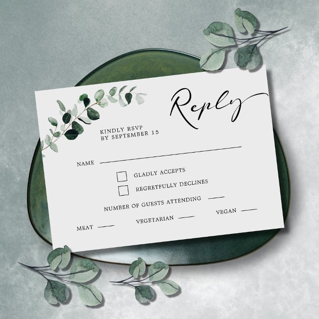 Eukalyptus Kalligrafi Menyval Bröllop OSA Kort (Eucalyptus Greenery Modern Calligraphy Meal Choice RSVP Reply Wedding Enclosure Card)